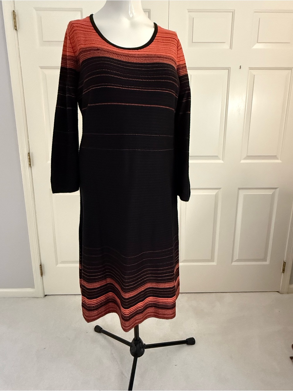 Nine West Black and Orange Stripe Long Sleeve Knit Dress